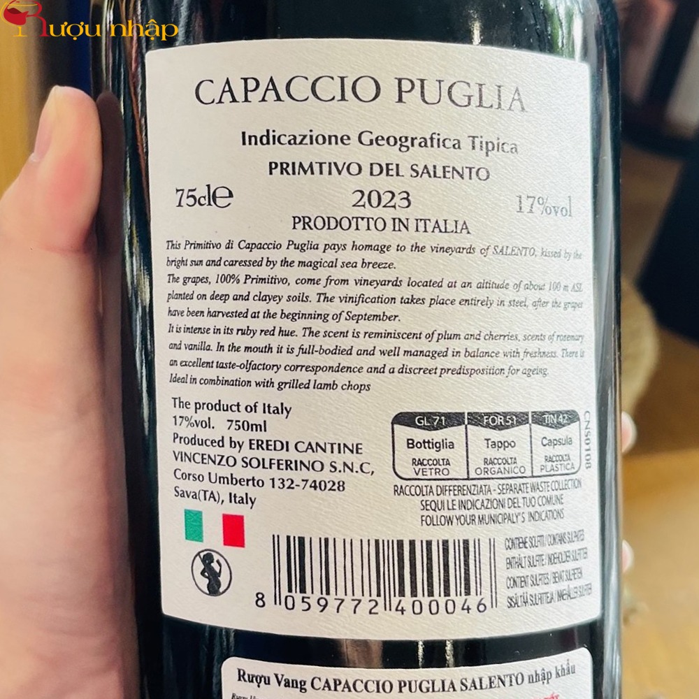 Vang Ý Capaccio Puglia Primitivo Rượu Vang Ý Capaccio Puglia Primitivo